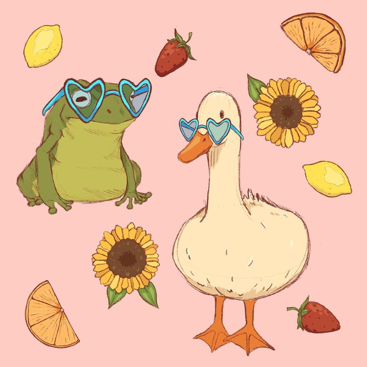 a drawing of a frog and a duck wearing sunglasses with sunflowers on the ground