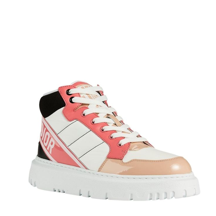 The D-player sneaker takes the classic basketball shoe and updates It In a couture version. The pink multicolor version Is crafted in a combination of technical fabric and calfskin and features patent details. Boasting a 'Christian Dior' signature band at the back, the contemporary sneaker is completed by a soft, lightweight sole.Round toeTreaded soleLace-upUpper: Technical Fabric, Leather; Sole: EVAMade in Italy Modern Pink Sneakers With Translucent Outsole, Pink High-top Leather Platform Sneakers, Pink Leather High-top Platform Sneakers, Luxury Lace-up High-top Sneakers With Translucent Outsole, Modern Pink High-top Sneakers, Sporty Patent Leather High-top Sneakers, Sporty Patent Leather High-top Lace-up Sneakers, Sporty Custom Sneakers With Boost Midsole And Patent Leather, Sporty Custom Sneakers With Boost Midsole In Patent Leather