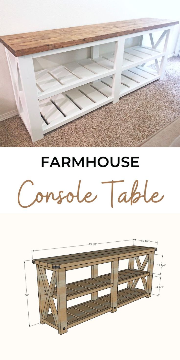 the diy farmhouse console table plans are easy to build and can be used as a coffee table