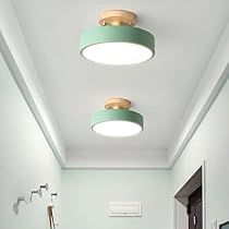 two round lights are on the ceiling in this hallway