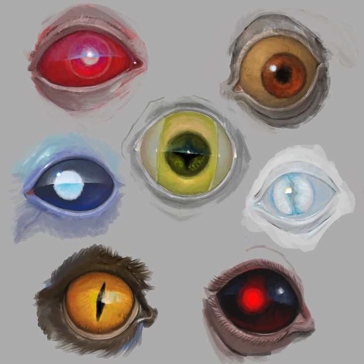 an image of different colored eyes on a gray background, including one red eye and the other green eye