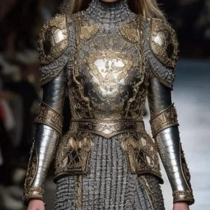 a woman wearing armor on the runway