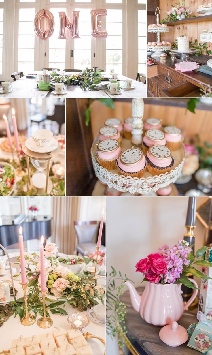 a collage of pink and white desserts, cupcakes, teapots and flowers