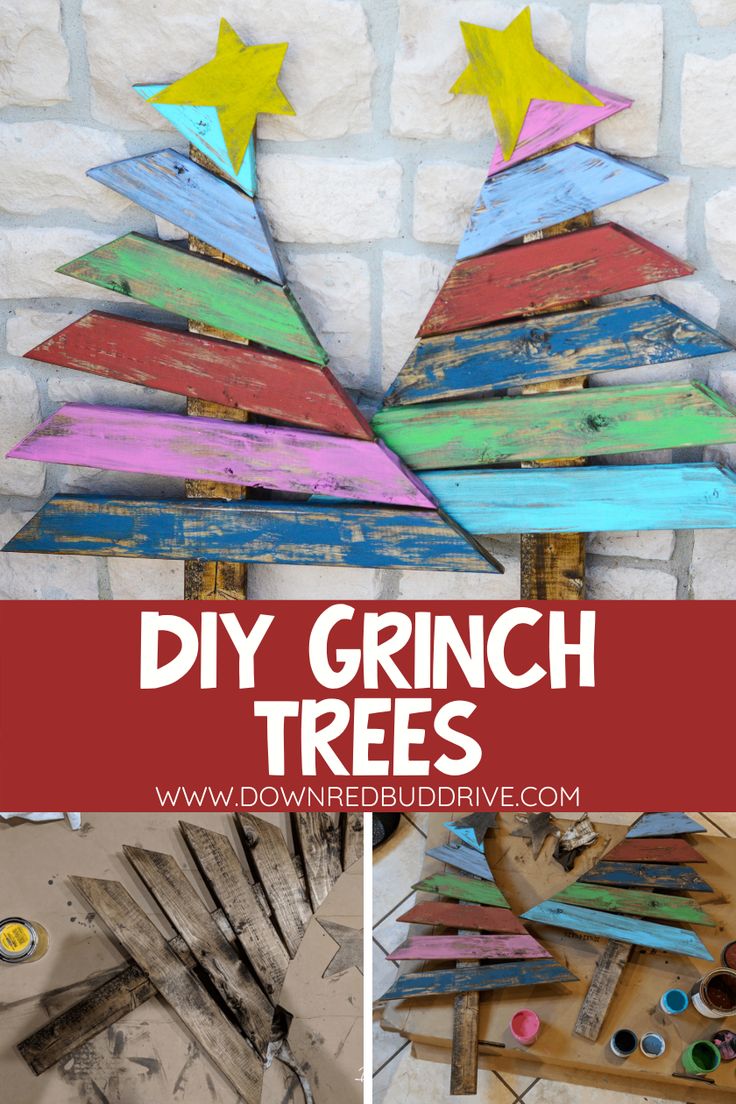 colorful wooden christmas trees made out of old pallets with paint and glue on them