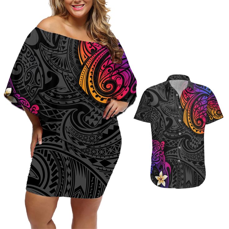 Turtle and Plumeria - Polynesian Couples Matching Off Shoulder Short Dress and Hawaiian Shirt TS04 Gradient - Polynesian Pride Luxurious Rugs, Off Shoulder Short Dress, Couples Matching, Exquisite Rugs, Intricate Designs, Cool Sweaters, Matching Couples, New Wardrobe, Stylish Shirts