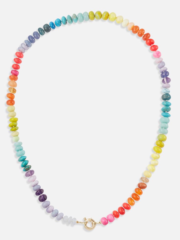 The Encirkled Neon Rainbow Beaded Necklace is a cult favorite- the ultimate addition to your neck stack. This piece includes brightly colored neon rainbow gemstones featuring a 14k spring ring closure, that is perfect for displaying your favorite charms. 8mm assorted gemstones that may include amazonite, amethyst, aventurine, carnelian, chrysocolla, citrine, Ethiopian opal, iolite, lemon quartz, peach moonstone, Peruvian opal, pink moonstone, silverite, spiny oyster, tanzanite Gemstone card come Vibrant Adjustable Rainbow Necklace, Vibrant Rainbow Adjustable Necklace, Colorful Round Beaded Jewelry, Colorful Gemstone Bead Jewelry, Multicolor Rondelle Beads Jewelry, Multicolor Single Strand Round Jewelry, Rainbow Beaded Round Jewelry, Multicolor Multi-stone Rondelle Jewelry, Multicolor Rondelle Single Strand Jewelry