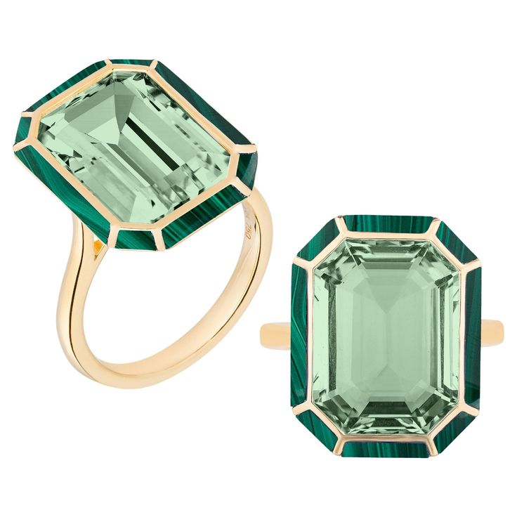 This Prasiolite and Malachite Ring from the 'Melange' Collection is an elegant and eye-catching piece of jewelry. It is crafted from 18K yellow gold and features a beautiful combination of prasiolite and malachite gemstones. Prasiolite is a green variety of quartz, also known as green amethyst, while malachite is a striking green mineral with swirling patterns. The ring's unique design showcases the beauty of both gemstones, with the prasiolite taking center stage and the malachite accents addin Emerald Cut Ring, Malachite Ring, Malachite Rings, Malachite Jewelry, Emerald Cut Rings, Contemporary Ring, Modern Ring, Gold Stone, Pearl Earrings Dangle