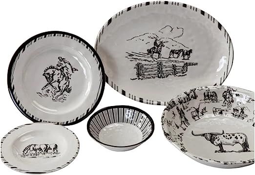 an assortment of black and white dishes with farm animals on them, including a cow