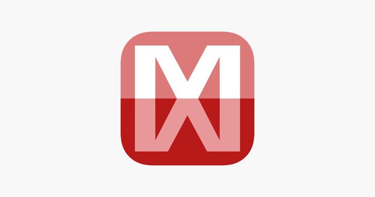 the m logo is shown in red, white and gray colors on a light grey background