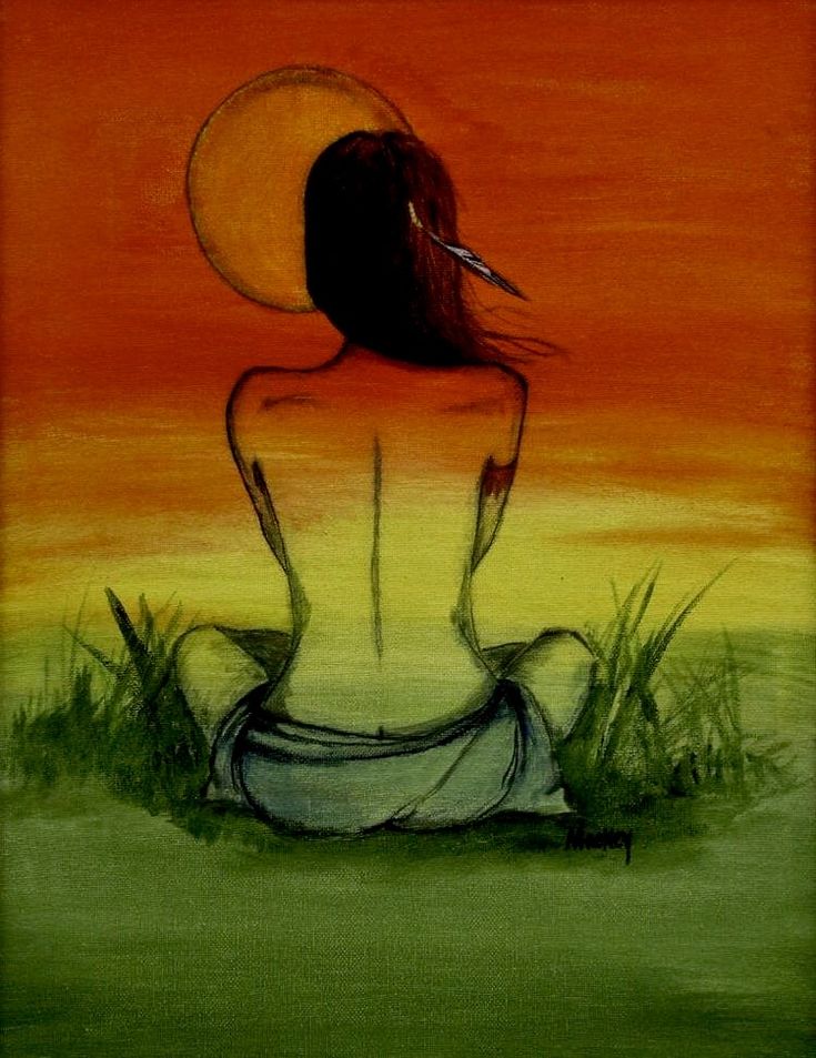 a painting of a woman sitting in the grass with her back turned to the camera