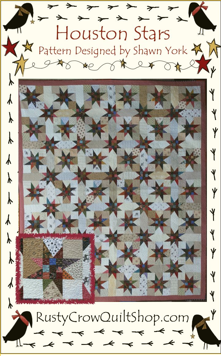 the cover of houston stars pattern designed by shan york, featuring an image of a star quilt