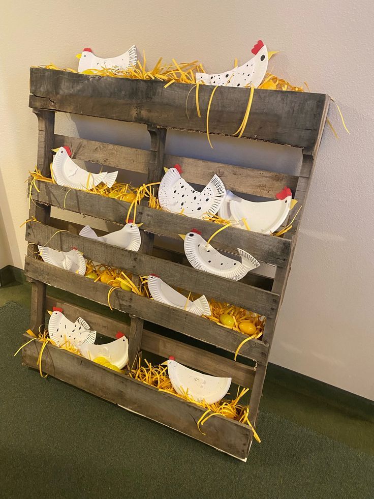 a wooden pallet filled with chicken shoes