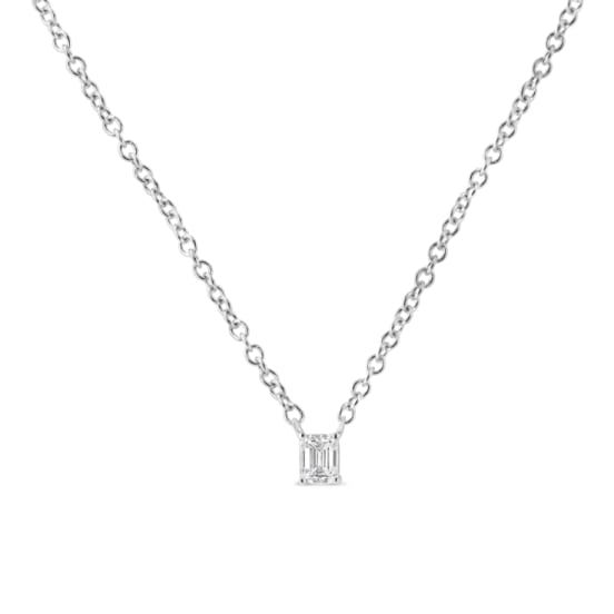 Elevate your everyday look with this unique 1/5 cttw solitaire diamond pendant. This beautiful necklace is crafted in 14k white gold, a metal that will stay tarnish free for years to come. The diamond has a unique emerald shape and is embellished in a classic 4-prong setting.  It shines on an 18 inch cable chain that will rest delicately on your neckline. Include this timeless pendant in your growing jewelry collection and you won't be disappointed! Timeless Emerald Cut Diamond White Solitaire Necklace, White Gold Emerald-cut Single Diamond Necklace, Diamond White 14k Gold Emerald-cut Necklace, Elegant Solitaire Necklace With Square Pendant And Single-cut Diamonds, Formal White Diamond-cut Solitaire Necklace, Solitaire Diamond Pendant, White Gold Necklaces, Solitaire Pendant, Elegant Bracelet