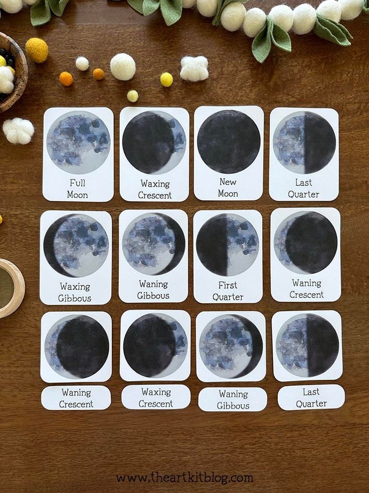 the phases of the moon are shown in this set of eight cards with matching labels