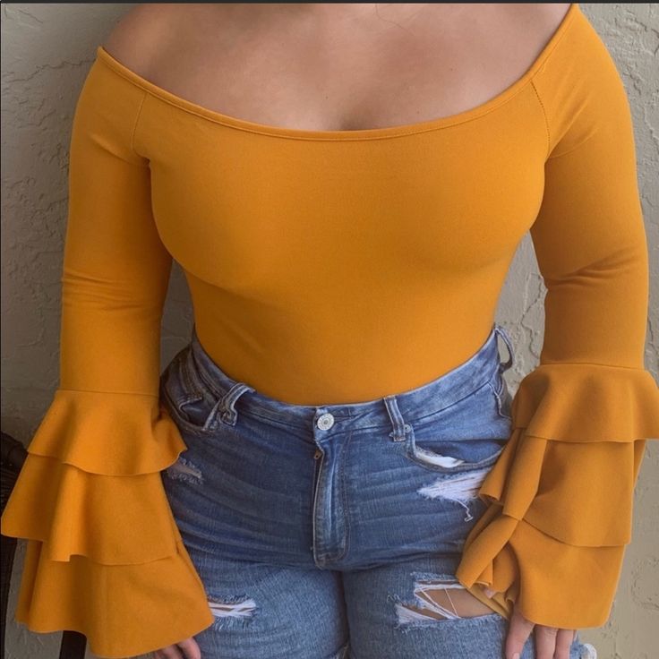 Brand New Yellow-Mustard Bodysuit With Tags Chic Yellow Fitted Bodysuit, Chic Yellow Bodysuit For Spring, Scoop Back Bodysuit, Off The Shoulder Bodysuit, Orange Bodysuit, Strapless Bodysuit, Black And White Stars, Turtleneck Bodysuit, Sheer Bodysuit