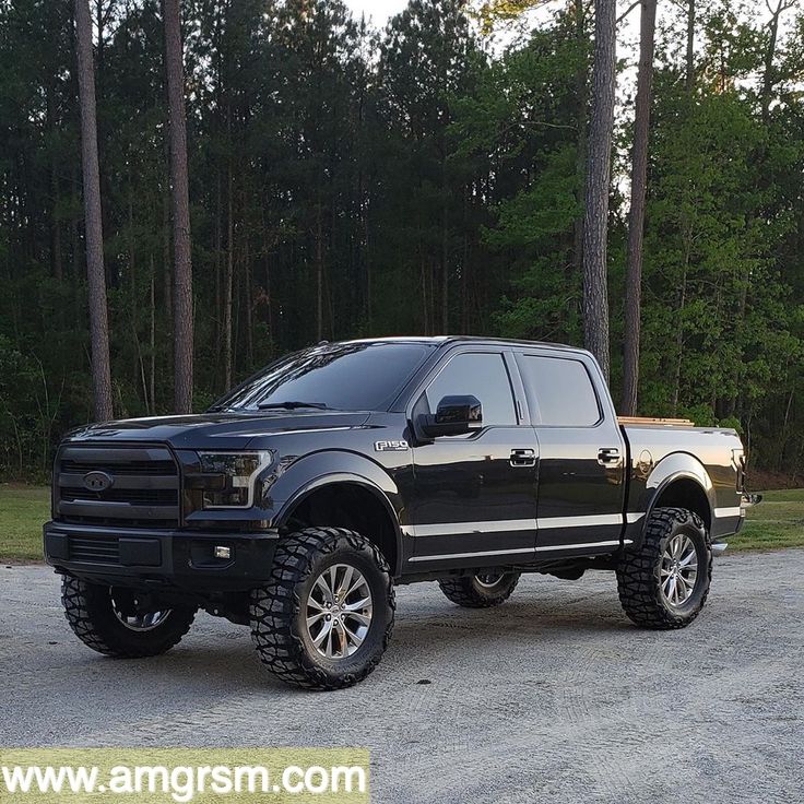 a black truck parked in front of some trees