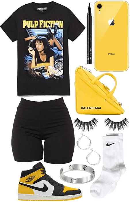 Black Yellow Outfit, Jordan Aj 1 Mid, 4s Outfit, Summer Swag Outfits, Street Style Outfits Casual, Cute Nike Outfits, Summer Outfits For Teens, Yellow Outfit, Swag Outfits For Girls