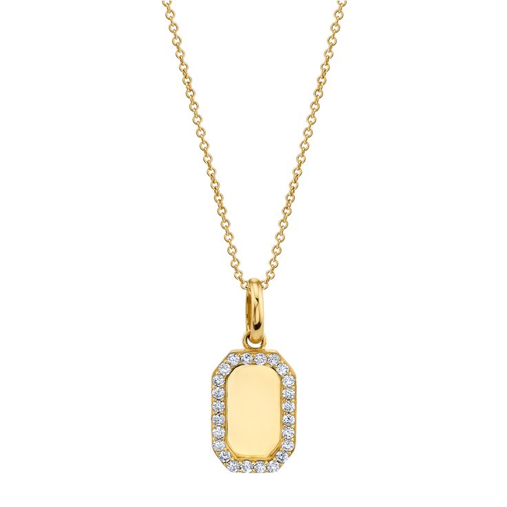 Because who doesn't want a little bit of sparkle? We updated the signature gold pendant with a seriously stunning diamond trim. Diamond Cut Necklace With Rectangular Pendant, Diamond Necklace With Rectangular Pendant, Timeless Rectangular Diamond Pendant Jewelry, Rectangular Diamond Cut Diamond Necklace, Timeless Rectangular Diamond Pendant, Elegant Jewelry With Diamond Accents And Rectangular Pendant, Elegant Diamond Necklace With Rectangular Pendant, Yellow Gold Diamond Rectangular Pendant Jewelry, Classic Necklace With Diamond Accents And Rectangular Pendant