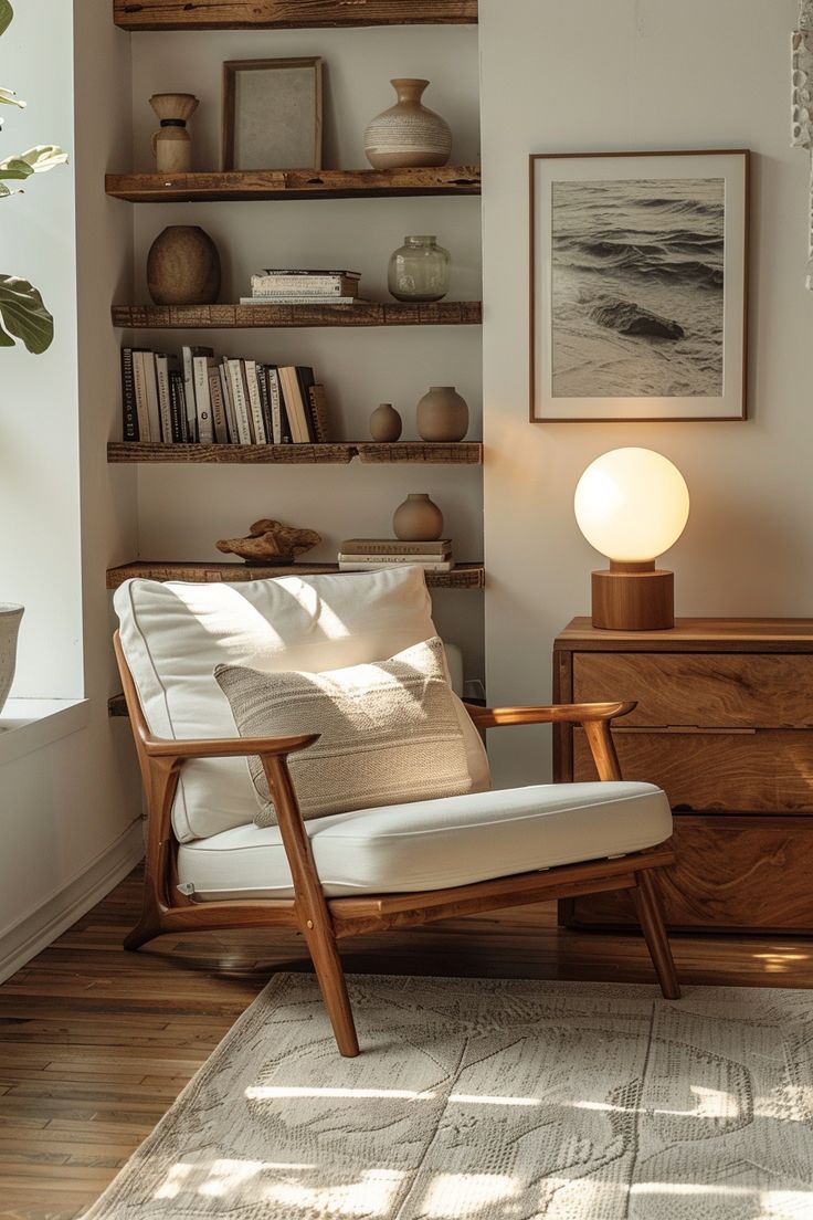 a white chair sitting in front of a wooden shelf filled with books and vases