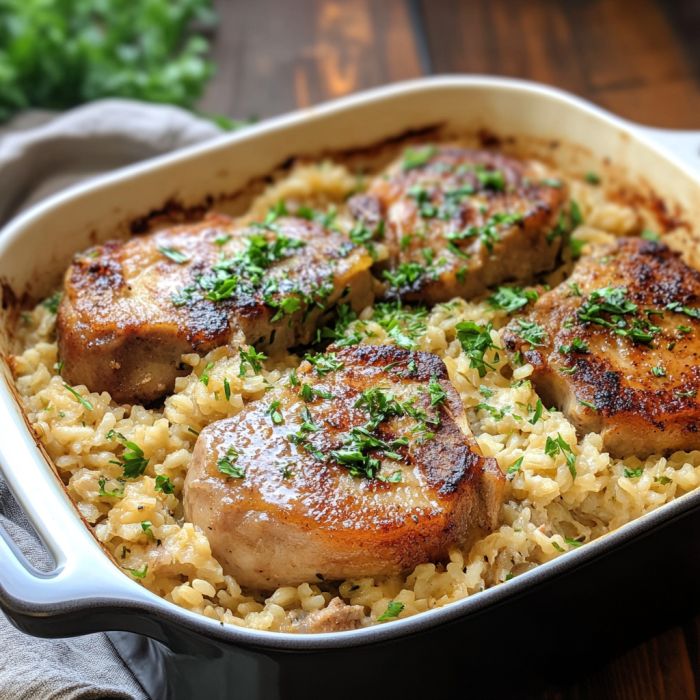 chicken and rice dish with parsley in a casserole on a wooden table