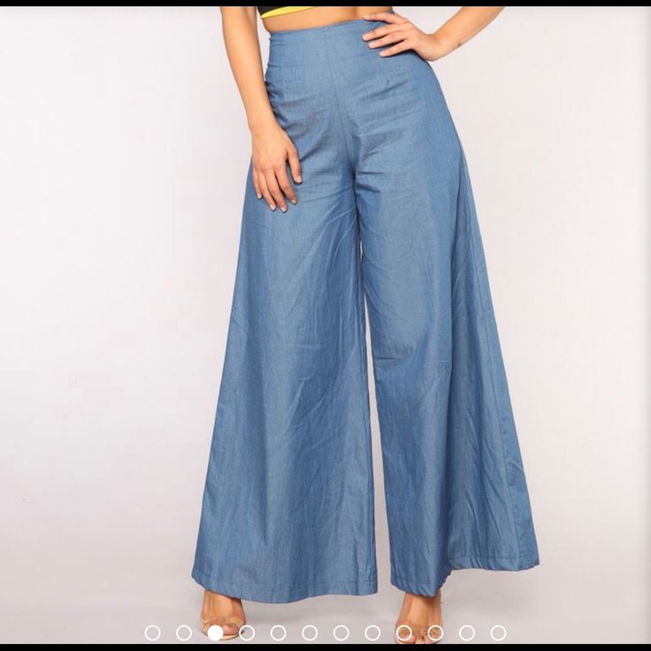 Wide Leg Pants High Rise 32”Length 100% Cotton Washed Blue Non-stretch Straight Leg Bottoms, Light Wash Stretch Straight Leg Bottoms, Light Wash Straight Leg Stretch Bottoms, Casual Blue High Waist Flare Jeans, Blue High Waist Casual Flare Jeans, Medium Wash High-waisted Pants For Spring, High-waisted Medium Wash Pants For Spring, Trendy Blue Cotton Wide Leg Pants, Chic High Rise Light Wash Pants