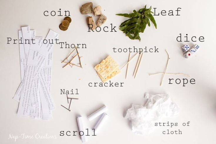 the contents of an art project laid out on top of each other, including rocks and paper