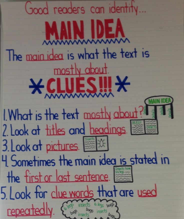 a piece of paper with writing on it that says main idea and what about clues