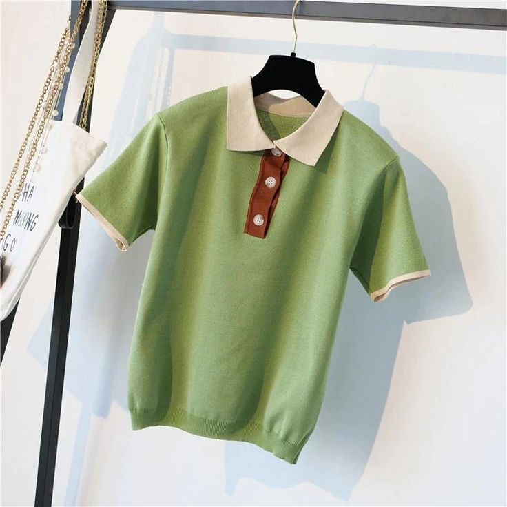 Polo Collar Buttons Knitted Shirt – Tomscloth Casual Knit Tops With Collar, White Knit Collared Top, Collared Knit Tops With Buttons, Knit Collared Tops With Buttons, Green Cotton T-shirt With Buttons, Retro Solid Tops For Fall, Solid Retro Tops For Fall, Retro Short Sleeve Knit Tops, Retro Knit Short Sleeve Tops