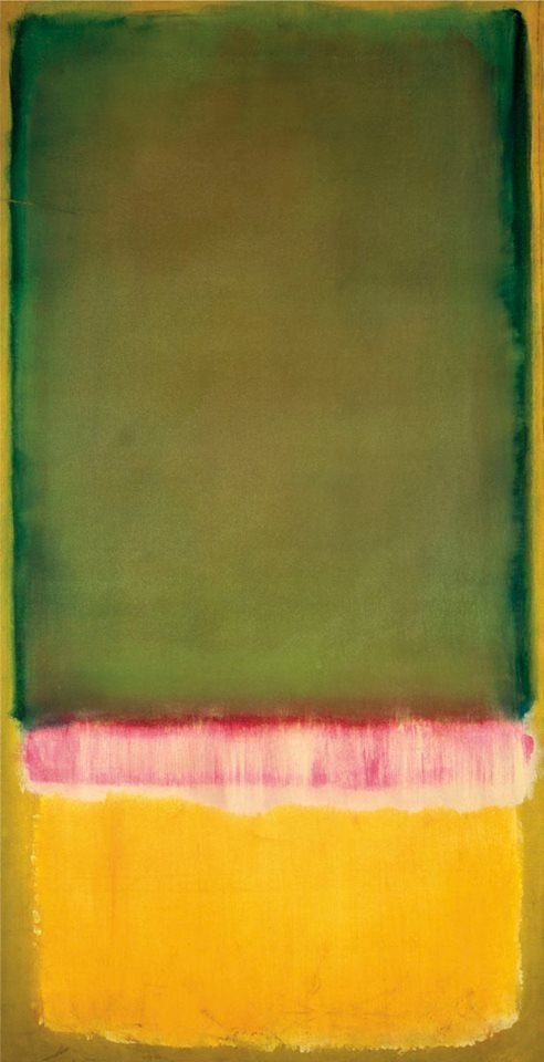 an abstract painting with green, yellow and pink stripes on the bottom half of it