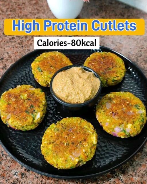 some food is on a black plate and has sauce in the middle with words high protein cutlets calories - 80kcal