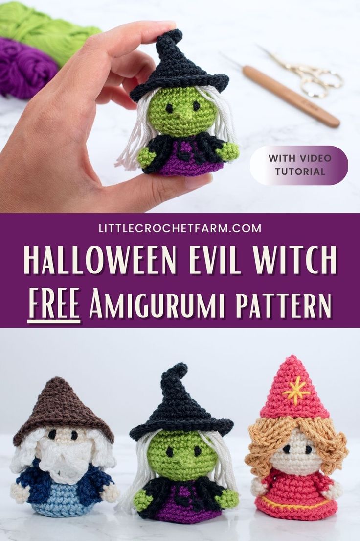 crochet pattern for halloween evil witch amigurmi dolls with text overlay