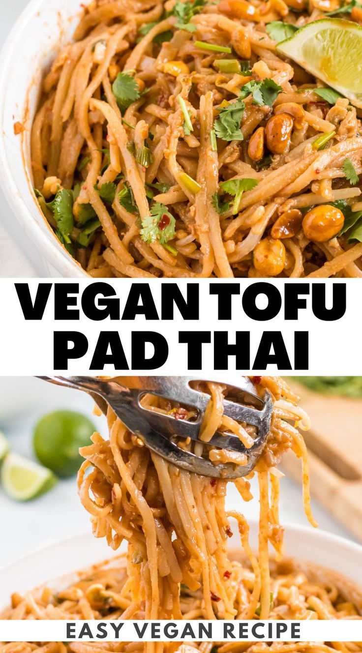 vegan tofu pad thai noodles in a white bowl with chopsticks and lime