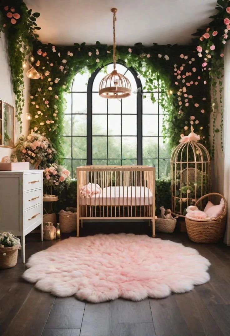 a baby's room decorated with pink flowers and greenery