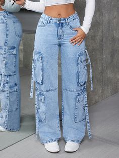 Light Wash Casual Collar  Denim Plain Straight Leg Embellished Non-Stretch  Women Clothing Shein High Waisted Jeans, Cute Clothing Accessories, Cute Denim Jeans, Denim Pants With Pockets, Jeans Cargo Mujer, Jeans Design Ideas, Cute Cargo Pants Outfits, Temu Clothes, Cargo Pants Jeans