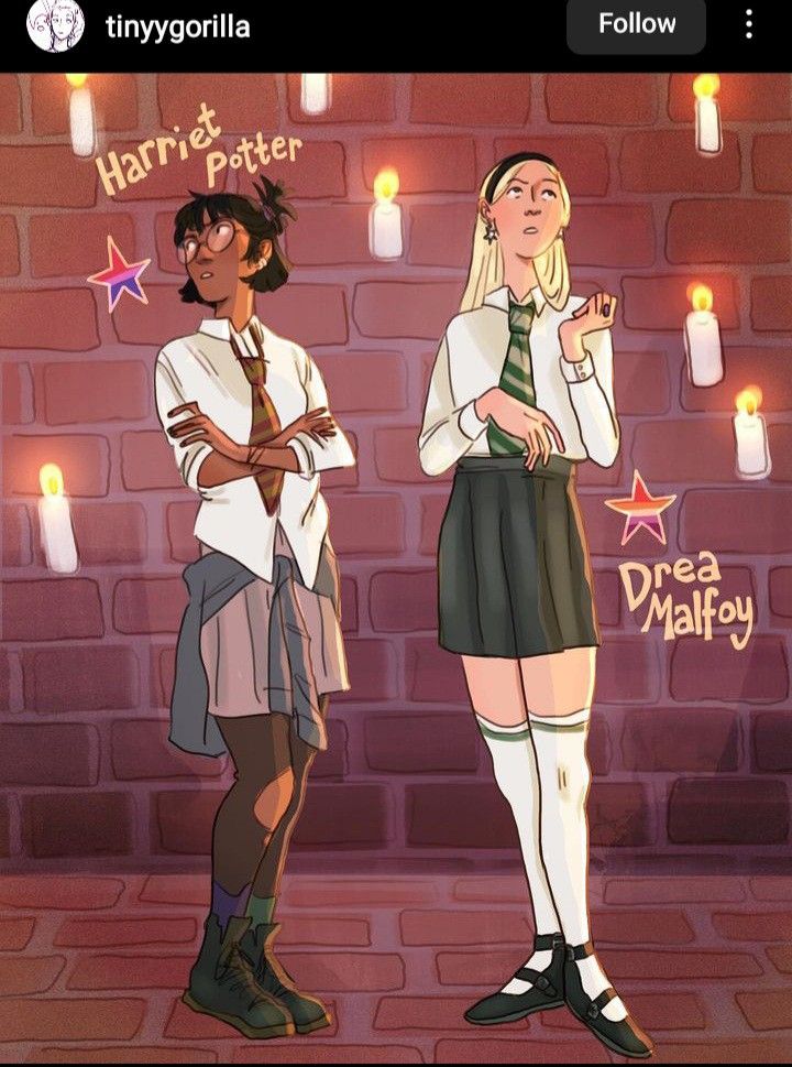 two people standing in front of a brick wall with candles on it and the words harry potter