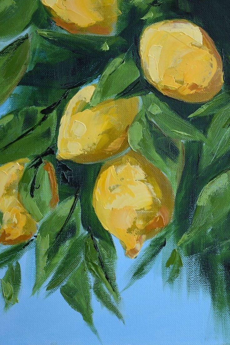 an oil painting of lemons on a tree branch