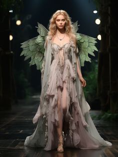 Fairy Inspired Fashion Runway, Elf Inspired Dress, Fantasy Fairytale Dress, Whimsical Green Dress, Etheral Dresses Aesthetic, Fairy Like Dress, Fantasy Runway Fashion, Prom Dresses Fairycore, Greek Ball Gown