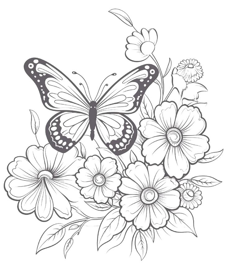 a black and white drawing of flowers with a butterfly on the top of one flower