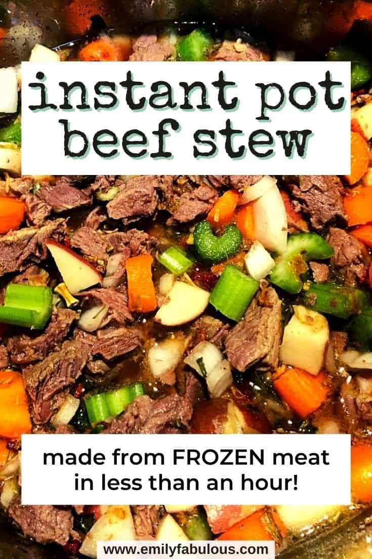 a pot filled with meat and vegetables next to a sign that says instant pot beef stew made from frozen meat in less than an hour