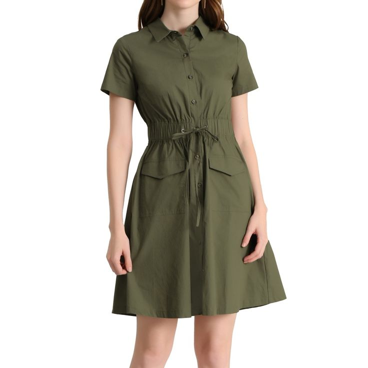 The casual, elegant look of this pretty dress will keep you looking great all the time. The short-sleeve shirt dress is cut with a relaxed silhouette and features a drawstring to cinch in the waist and plenty of practical pockets. Pair it with ankle boots or heels for a chic silhouette. Perfect for spring, summer, and autumn, and it is also suitable for any occasion. Safari Dress, Elastic Waist Dress, Button Down Shirt Dress, Collared Shirt Dress, Short Sleeve Dress Shirt, Cargo Shirts, Belted Shirt Dress, Collars For Women, Knee Dress