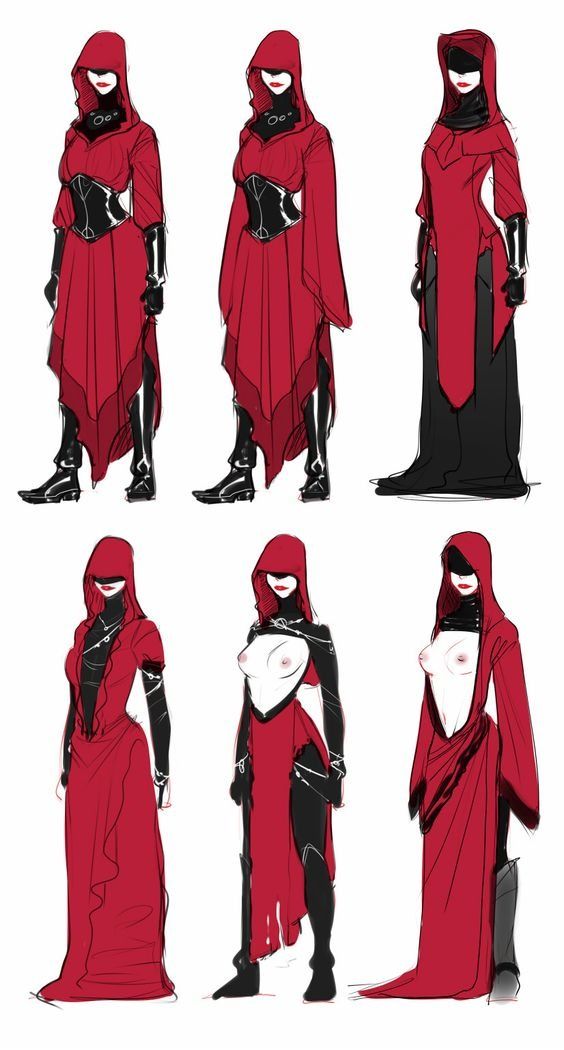 four different poses of a woman in red and black clothing, one wearing a cloak