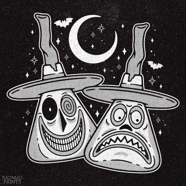 two cartoon faces wearing witches hats with the moon in the background