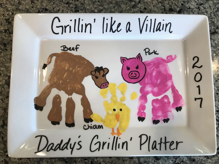 a white plate with three handprints of farm animals and the words grillin'like a villain on it