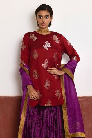 Red short kurta in brocade with floral woven motifs. Comes with purple velvet sharara. - Aza Fashions Red Banarasi Silk Sharara With Straight Kurta, Festive Brocade Sharara With Gota Work, Red Brocade Sharara With Zari Work, Fitted Red Banarasi Silk Sharara, Red Anarkali Style Brocade Sharara, Brocade Sharara For Festivals, Red Brocade Sharara With Traditional Drape, Festive Brocade Palazzo Set, Red Anarkali Brocade Sharara