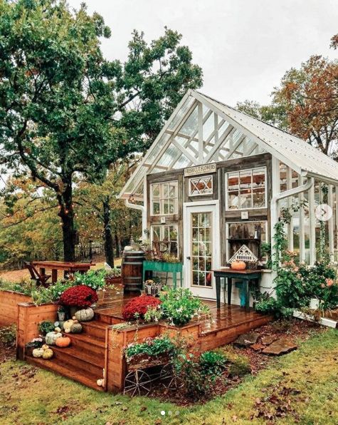 a small greenhouse with lots of plants and flowers in the front yard, next to a wooden deck