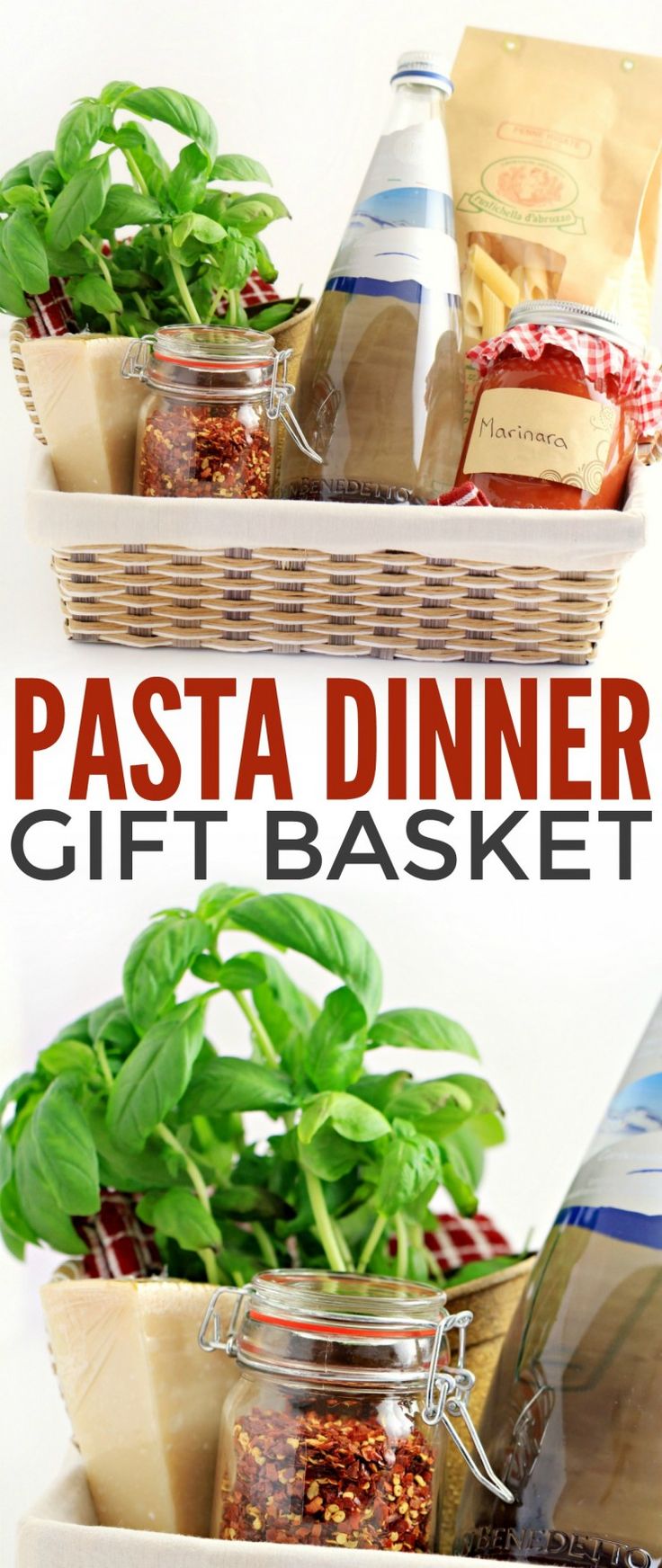 the pasta dinner gift basket is filled with fresh basil, cheese and seasoning in mason jars