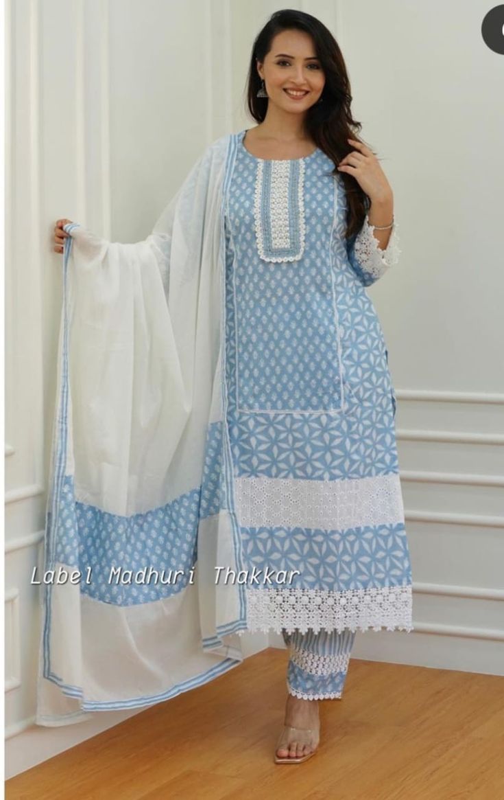 Straight kurti with pant and dupatta suit Fabric -- cotton 60*60 super quality Kurti - length 45 Beautiful hand work sequence LAS on nack And beautiful croshia border in sleeves and bottom And also cotton 60*60 shifflee border in kurti 🎨 Pant fabric cotton 60*60 Length 39 with croshia border 🏵️ Dupatta malmal fabric Length 2.30 meter READY beautiful printed border use in dupatta Size - 38.40.42.44.46 Price - $16 (free shipping) Contact wp no - 7586900695 Cotton Lace Design On Suits, Bean Sofa, Lace Designs On Suits, Suits For Women Indian, Suit Neck Designs, Simple Suit, Lace Suit, Straight Kurti, Lace Dress Design