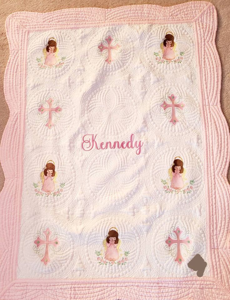 "This adorable embroidered baby quilt will be the talk of the baby shower when presented to the new parents! Will also make the perfect Baptism gift. You can choose to have all 10 blocks embroidered with a name in the center or choose 4, 6 or 8 of the blocks to be embroidered. If ordering 4 blocks the 4 corners wills be embroidered. If ordering 6 blocks the top 3 and bottom 3 will be embroidered. If ordering 8 blocks the 4 on the left and 4 on the right will be embroidered. The purchased quilt i Embroidered Quilts, Baby Shower Presents, Baby Girl Shower Gifts, Personalized Quilt, Baptism Gifts, The Blocks, Scalloped Edges, Baby Quilt, Girl Baby Shower