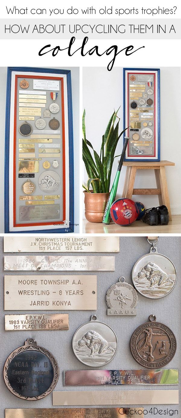 an assortment of sports trophies and medals on display with text that reads what can you do with sports trophies? how about upcycling them in a college