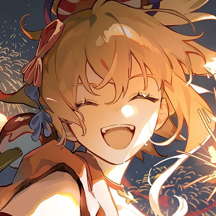 an anime character with blonde hair and blue eyes is smiling at the camera while fireworks are in the sky behind her